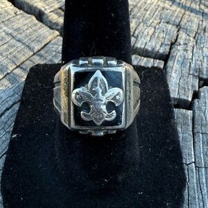 Old Boy Scouts of America Ring Sterling Onyx Signet Eagle Fleur de Lis